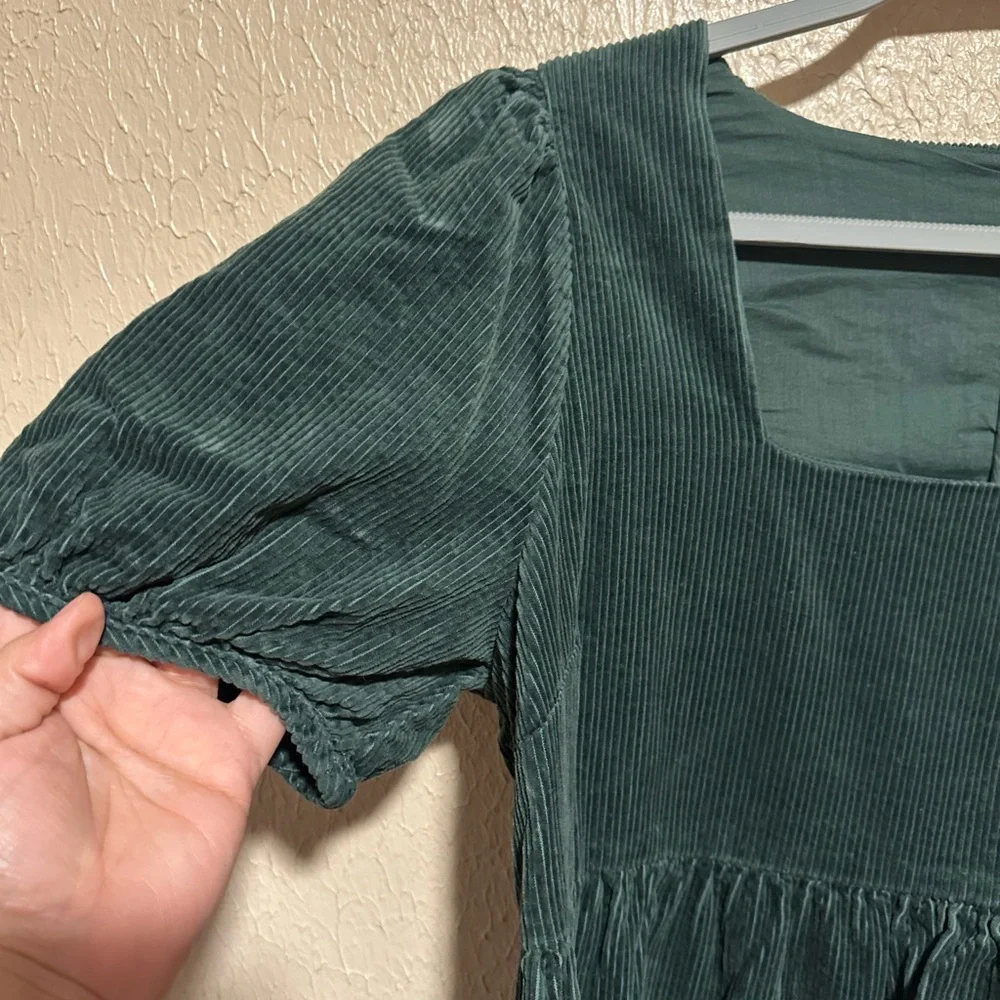 Madewell‎ Corduroy Aidy Square-Neck puff sleeve Tiered Mini Dress Hunter Green 6